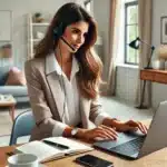 Asistente virtual mujer gestionando llamadas y agenda en su oficina en casa.
