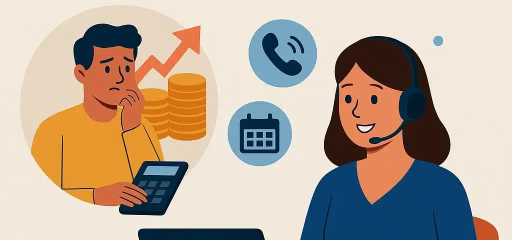 Ilustración de una secretaria virtual atendiendo llamadas mientras un autónomo trabaja sin interrupciones