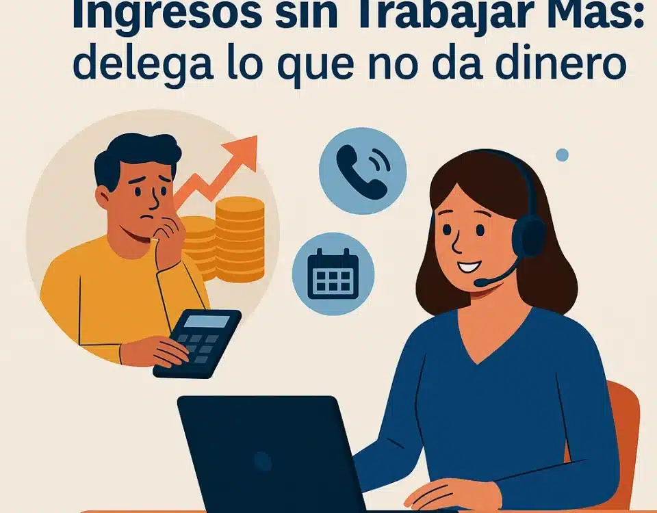 Ilustración de una secretaria virtual atendiendo llamadas mientras un autónomo trabaja sin interrupciones