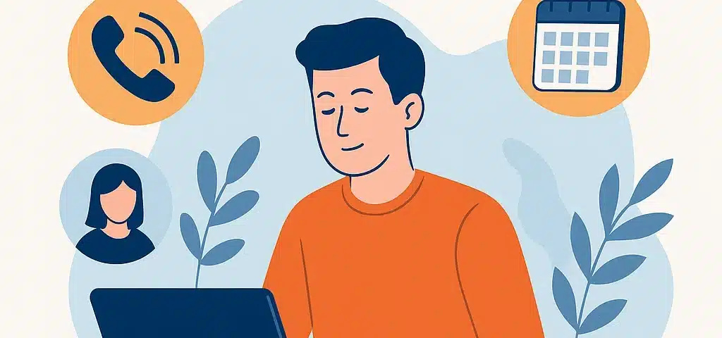 Ilustración de autónomo trabajando con gestión de llamadas delegada – SecreOnline