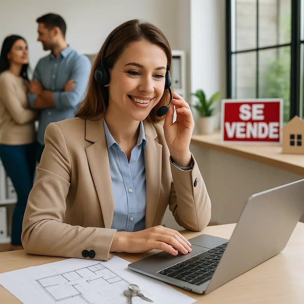 Agente inmobiliario con auriculares en atención de llamadas de clientes.