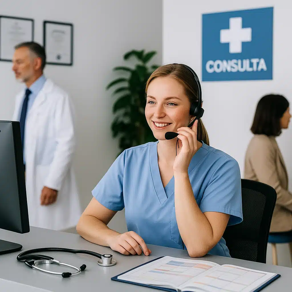 Recepción médica en atención de llamadas y gestionando citas de pacientes.