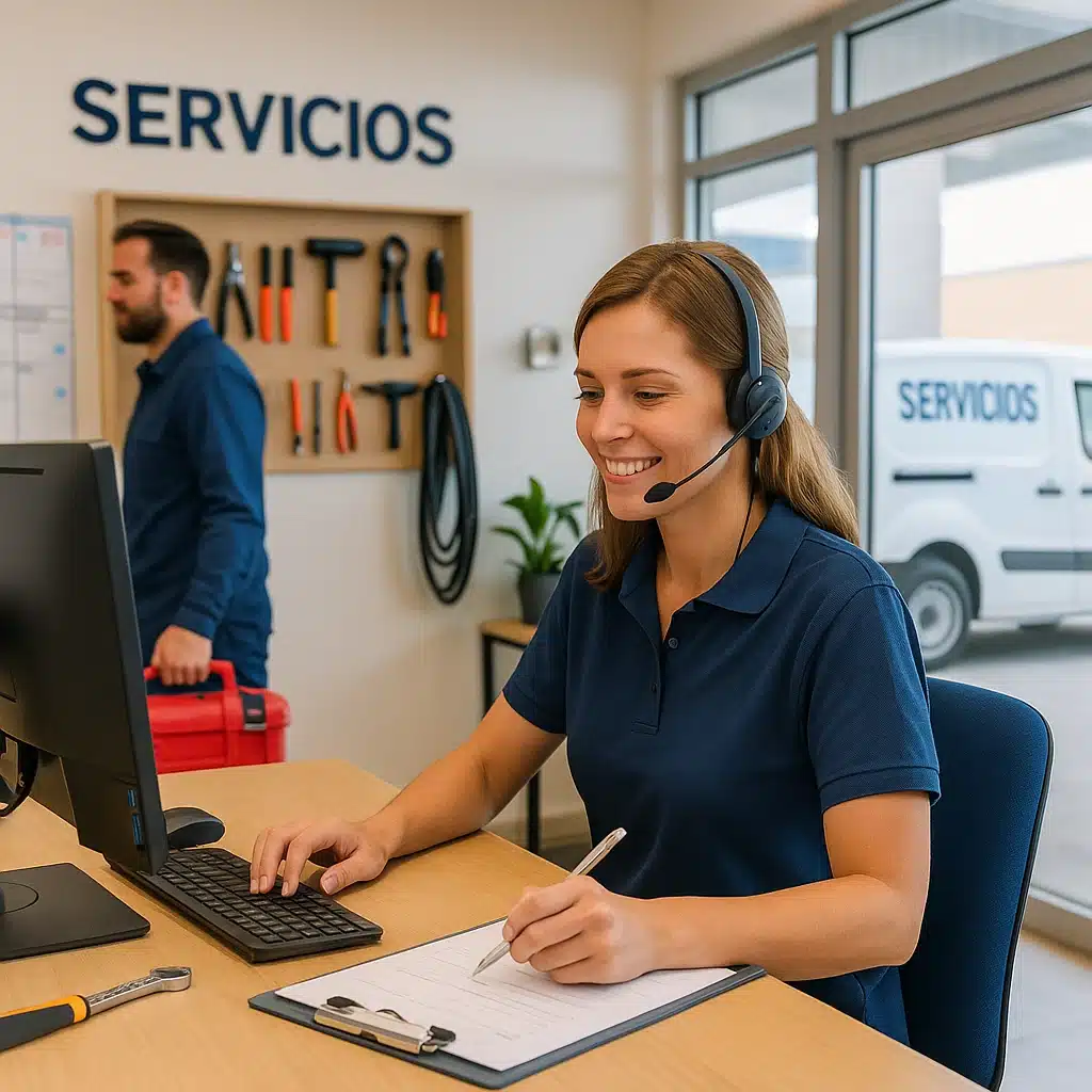 Recepcionista de empresa de servicios en atención de llamadas de clientes.