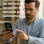 Autónomo desviando llamadas desde su móvil en la oficina, ilustrando un artículo sobre cómo elegir un servicio de recepción de llamadas.